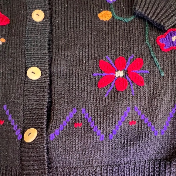 Putumayo S Wool Cardigan Women Black Embroidered Mushroom Floral Vintage Uruguay - Picture 3 of 8